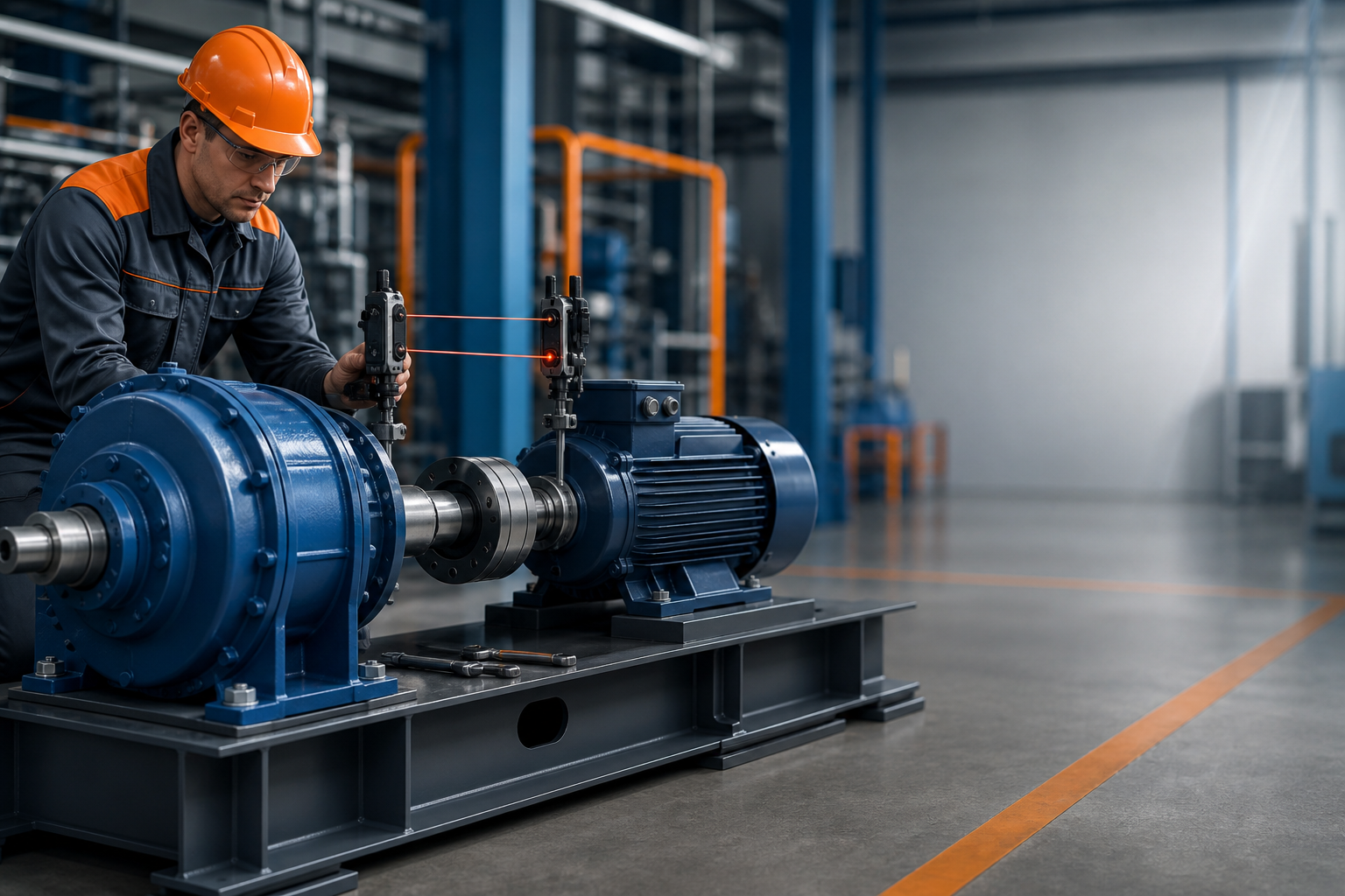 Инженер выполняет лазерную центровку редуктора и электродвигателя